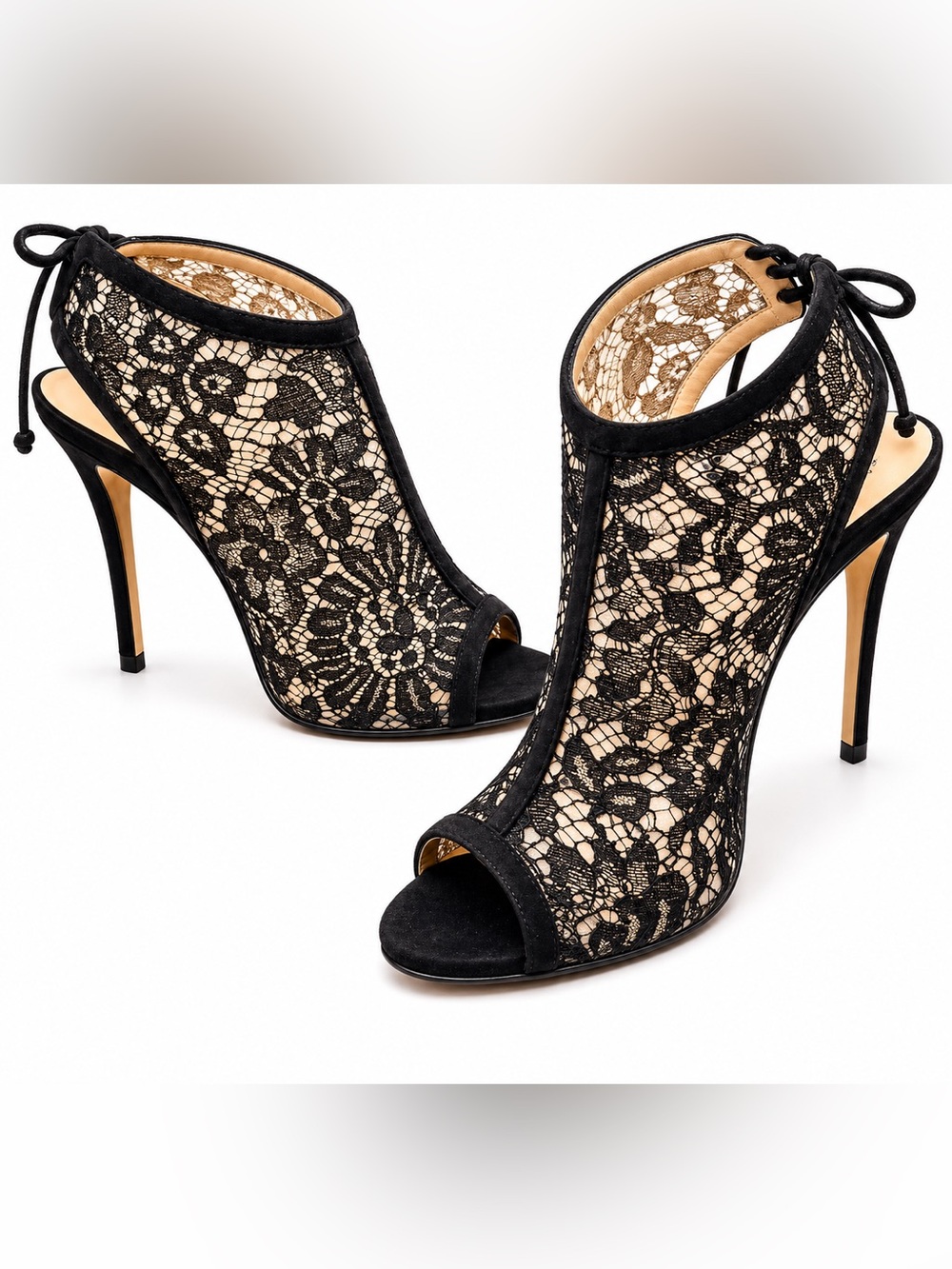 M. Gemi Black Lace “Ninna” Peep-Toe Stiletto Booties - NEVER WORN!
